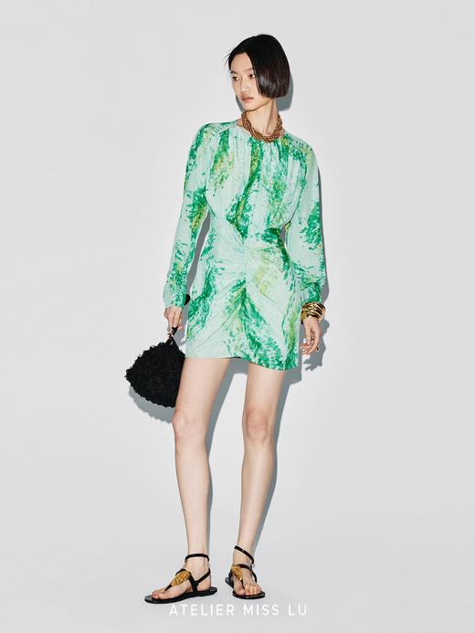 【莫奈庭院】品牌定染印花褶皱收腰桑蚕丝长袖连衣裙 商品图2