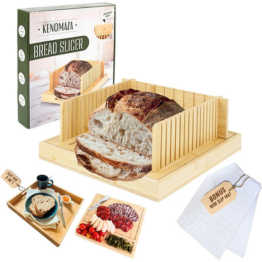 美国 KENOMAZA 竹制面包切片器 可调节尺寸 带碎屑托盘和防滑垫 商品图0