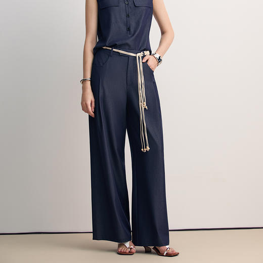 EITIE爱特爱时尚高腰系带深蓝色直筒阔腿通勤长裤2026春新款8505215 商品图2