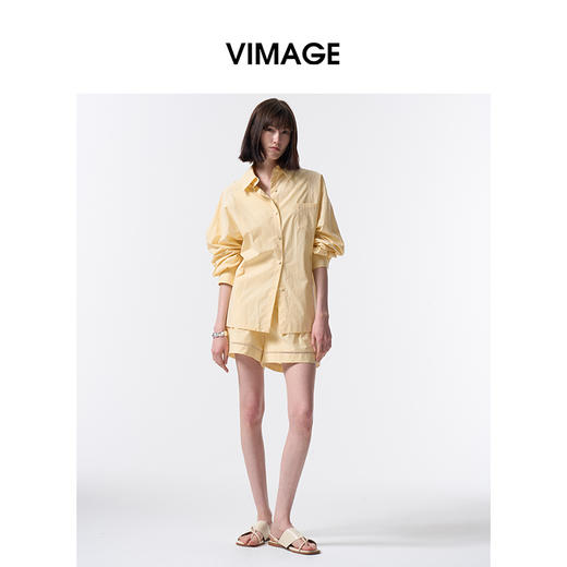 VIMAGE纬漫纪休闲纯棉翻领百搭基础宽松长袖衬衫上衣2026春季新款V2509201 商品图2