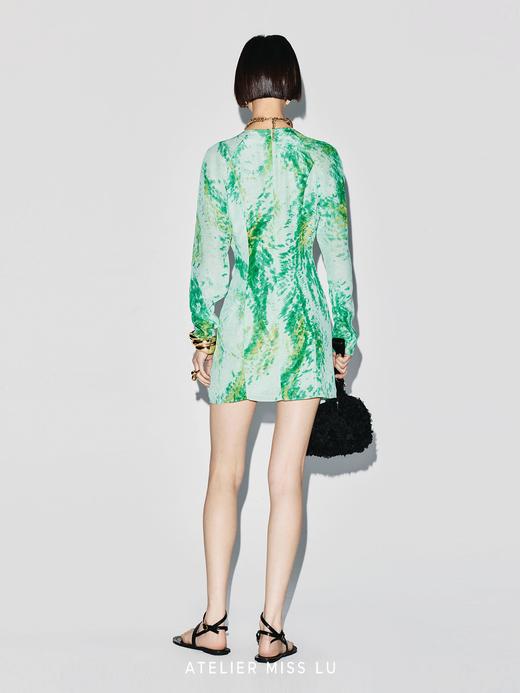 【莫奈庭院】品牌定染印花褶皱收腰桑蚕丝长袖连衣裙 商品图4