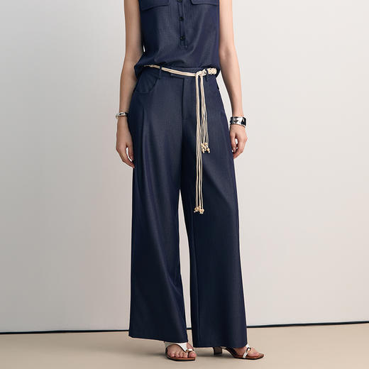EITIE爱特爱时尚高腰系带深蓝色直筒阔腿通勤长裤2026春新款8505215 商品图5
