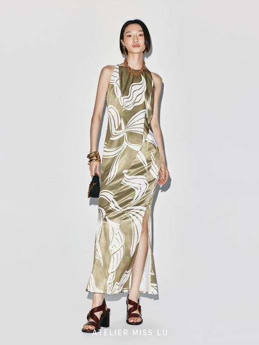 【缪斯神谕】品牌定染印花侧系带设计削肩修身连衣裙 商品图1