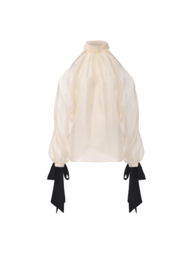 【月落浮光】飘带设计光泽感薄纱露肩上衣