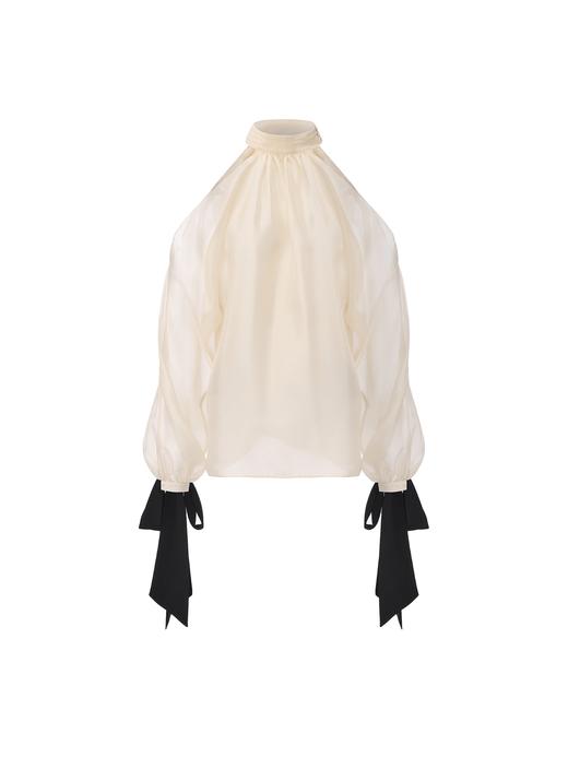 【月落浮光】飘带设计光泽感薄纱露肩上衣 商品图0