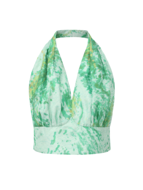 【京都晨雨】品牌定染印花桑蚕丝露背短上衣