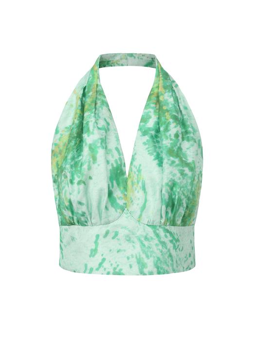 【京都晨雨】品牌定染印花桑蚕丝露背短上衣 商品图0