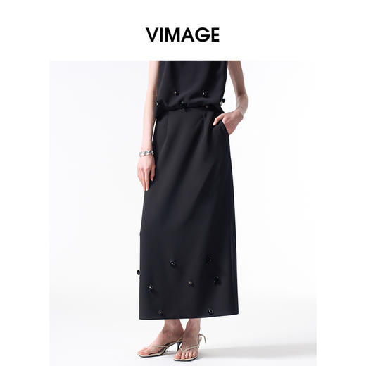 VIMAGE纬漫纪时尚高腰优雅气质钉珠立体花半身裙2026春季新款V2506205 商品图2