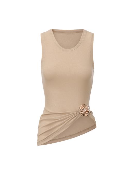 【沙滩海岸线】捏褶设计贝壳样式金属装饰弹力针织背心 商品图0