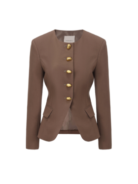 【香榭丽落叶】金属几何扣收腰圆领西装外套