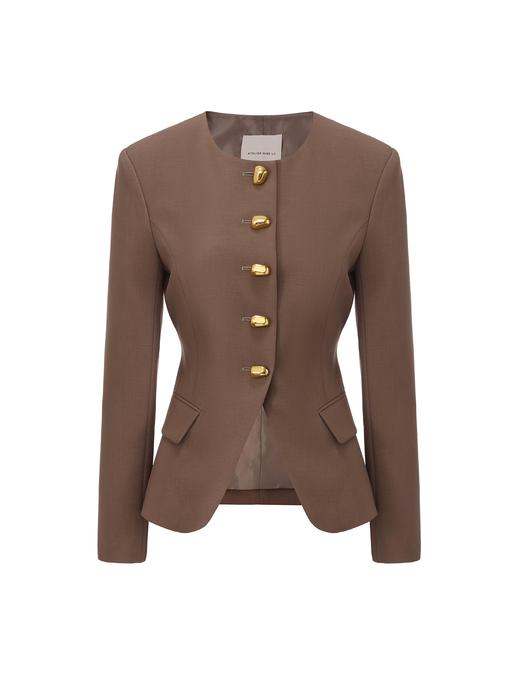 【香榭丽落叶】金属几何扣收腰圆领西装外套 商品图0