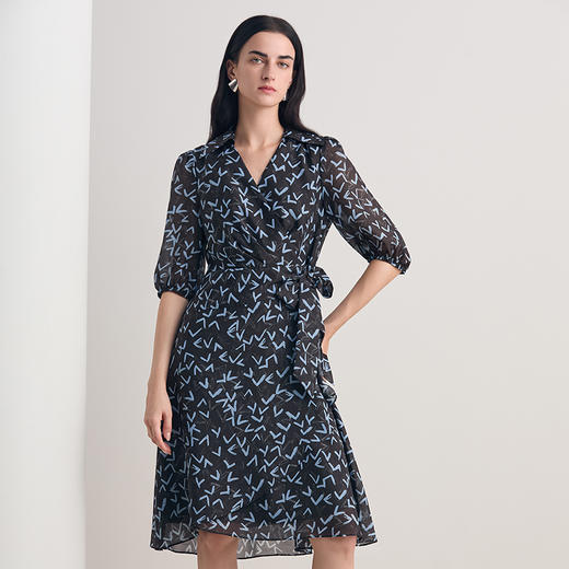 EITIE爱特爱气质V领五分袖A字通勤收腰系带印花连衣裙2026春季新款8507227 商品图2