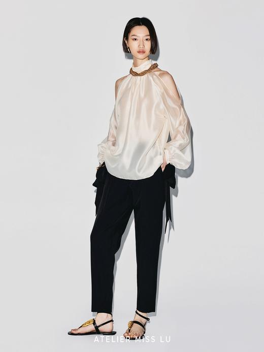 【月落浮光】飘带设计光泽感薄纱露肩上衣 商品图1