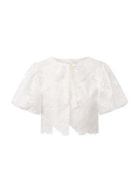 【月光奶泡】光影镂空蕾丝背后系带花苞袖上衣