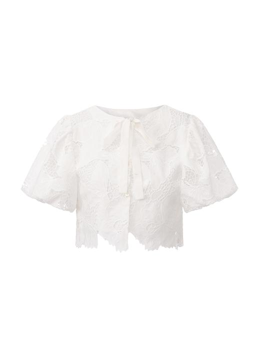 【月光奶泡】光影镂空蕾丝背后系带花苞袖上衣 商品图0