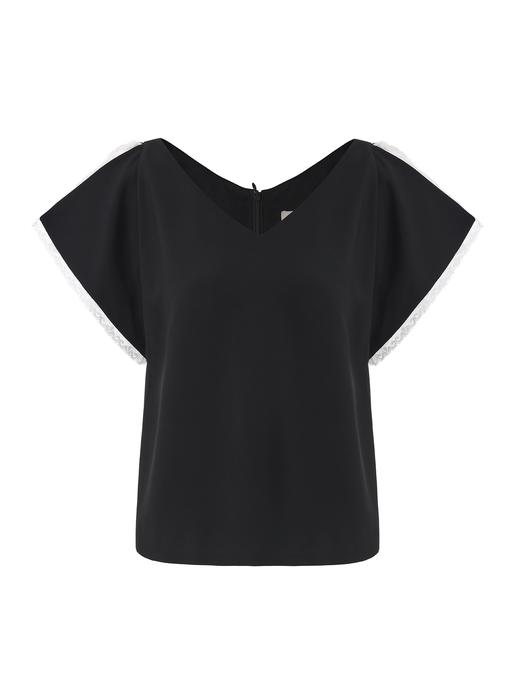 【云肩絮语】蕾丝拼接开衩小飞袖直身造型上衣 商品图0