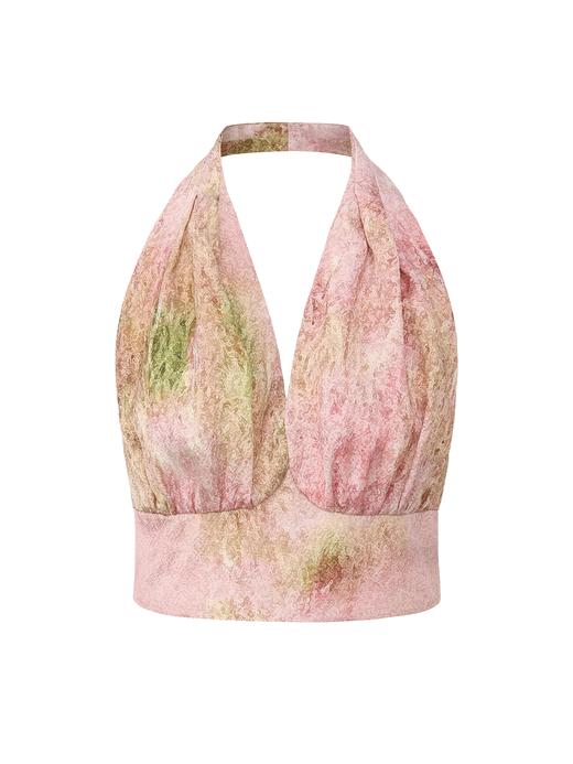 【迈阿密粉霞】品牌定染印花桑蚕丝露背短上衣 商品图0