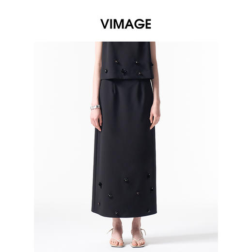VIMAGE纬漫纪时尚高腰优雅气质钉珠立体花半身裙2026春季新款V2506205 商品图4