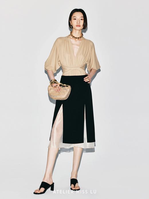 【夜莺双重奏】双开衩设计薄纱拼接双层直身半裙 商品图1