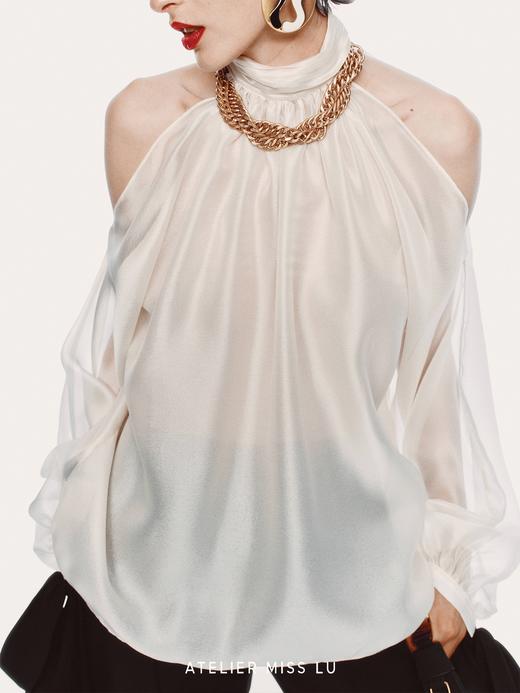 【月落浮光】飘带设计光泽感薄纱露肩上衣 商品图3