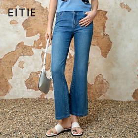 EITIE爱特爱柔软舒适微弹高腰直筒显瘦微喇蓝色牛仔裤春新款8105819