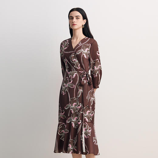 EITIE爱特爱法式印花收腰V领鱼尾裙摆系带连衣裙2026春季新款8507222 商品图3