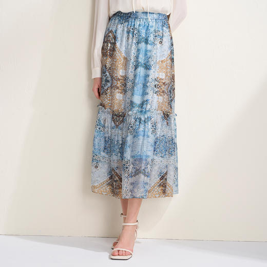 EITIE爱特爱浪漫蓝色印花复古高腰a字飘逸长裙半身裙2026春季新款A2606109 商品图1