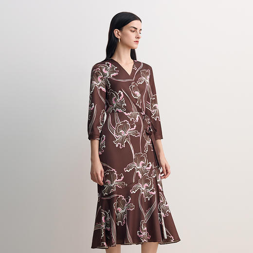 EITIE爱特爱法式印花收腰V领鱼尾裙摆系带连衣裙2026春季新款8507222 商品图5