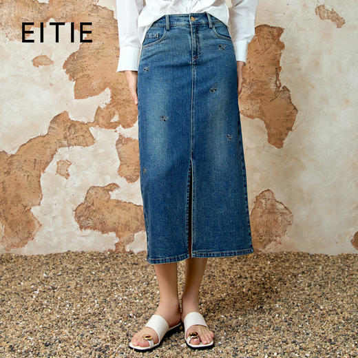 EITIE爱特爱春季新款时尚经典复古高腰开叉显瘦通勤牛仔半身裙8106812 商品图0