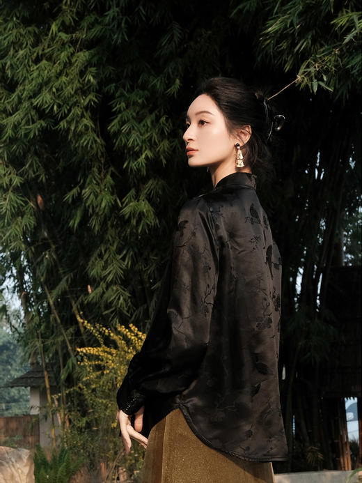 盛唐婧 | 新中式桑蚕丝百搭立领对襟衬衫-黑色 商品图5