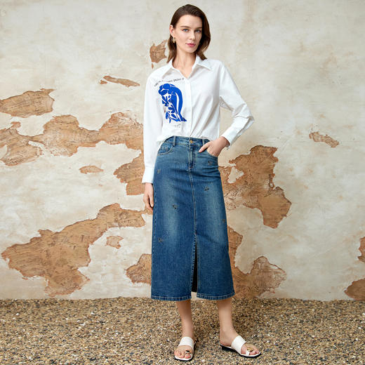 EITIE爱特爱春季新款时尚经典复古高腰开叉显瘦通勤牛仔半身裙8106812 商品图1