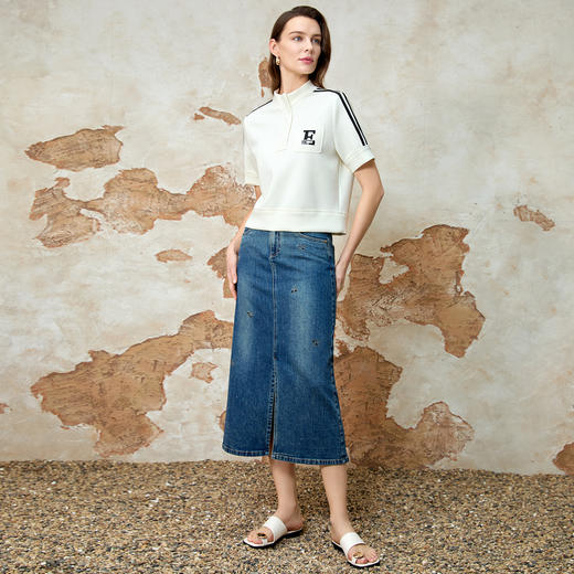 EITIE爱特爱春季新款时尚舒适简约黑白撞色百搭显瘦T恤上衣8113809 商品图1