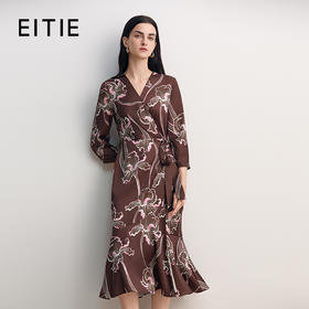 EITIE爱特爱法式印花收腰V领鱼尾裙摆系带连衣裙2026春季新款8507222