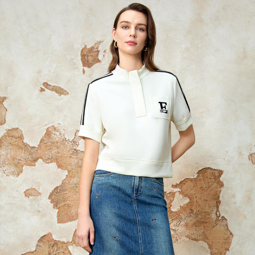 EITIE爱特爱春季新款时尚舒适简约黑白撞色百搭显瘦T恤上衣8113809 商品图2