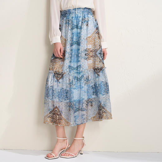 EITIE爱特爱浪漫蓝色印花复古高腰a字飘逸长裙半身裙2026春季新款A2606109 商品图2