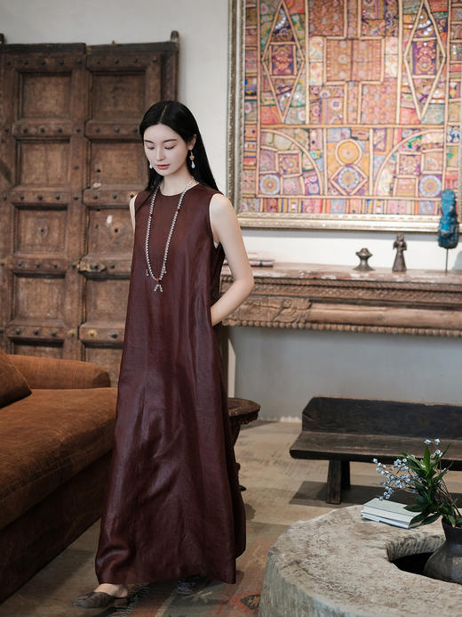 盛唐牡丹 | 紫檀色重缎红云纱连衣裙 商品图6