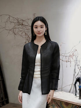 盛唐牡丹 | 黑色凤戏牡丹真丝绡上衣