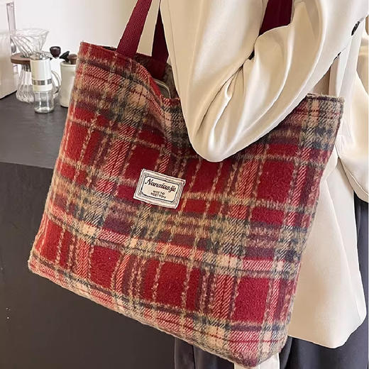 新款休闲毛呢格子单肩包 高级感百搭托特包大容量 红色无挂件 商品图1