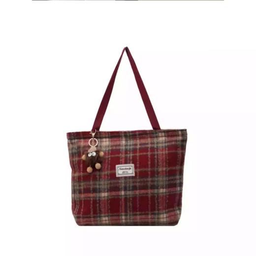 新款休闲毛呢格子单肩包 高级感百搭托特包大容量 红色无挂件 商品图5