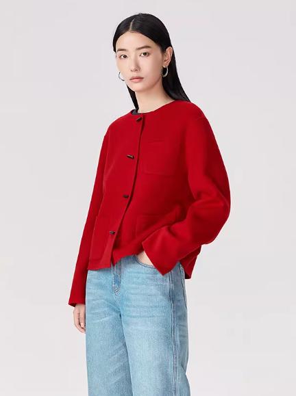 朗姿 【金玉满棠】2026春季新款新中式纯羊毛红色短毛呢外套LAHADAHJP100R11 商品图2