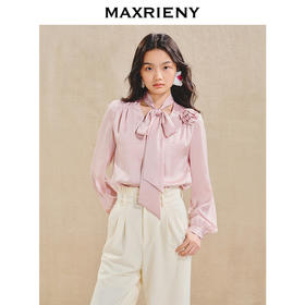 玛克门店发货：MAXRIENY优雅慵懒风缎面衬衫女立体玫瑰装饰上衣(货号:MS85TP503)