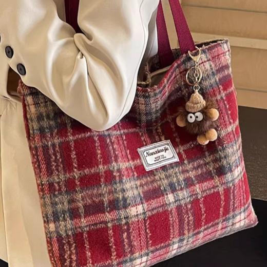 新款休闲毛呢格子单肩包 高级感百搭托特包大容量 红色无挂件 商品图4