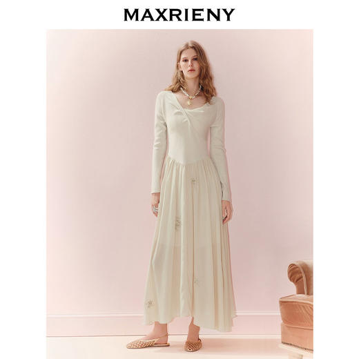 门店发货：MAXRIENY松弛感穿搭x型收腰扭结连衣裙25秋款羊毛混纺长袖长裙(货号:MS86DR524) 商品图1