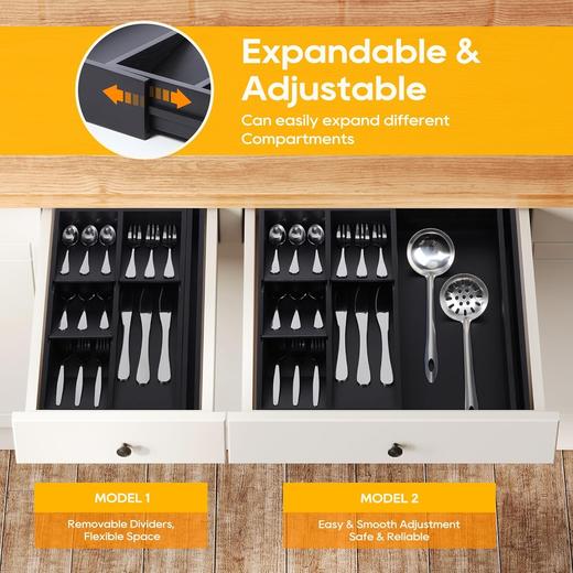 美国 Mooues 竹制7格黑色可伸缩抽屉厨房餐具用具收纳托盘 商品图1