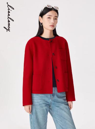 朗姿 【金玉满棠】2026春季新款新中式纯羊毛红色短毛呢外套LAHADAHJP100R11 商品图0