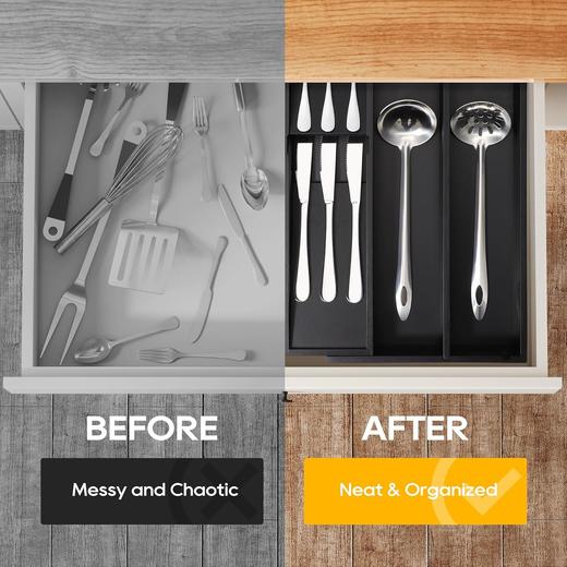 美国 Mooues 竹制7格黑色可伸缩抽屉厨房餐具用具收纳托盘 商品图5