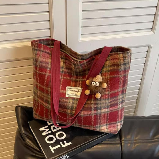 新款休闲毛呢格子单肩包 高级感百搭托特包大容量 红色无挂件 商品图2