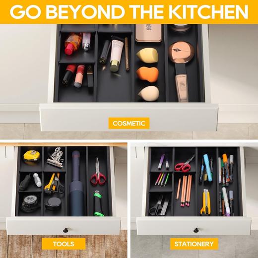 美国 Mooues 竹制7格黑色可伸缩抽屉厨房餐具用具收纳托盘 商品图4