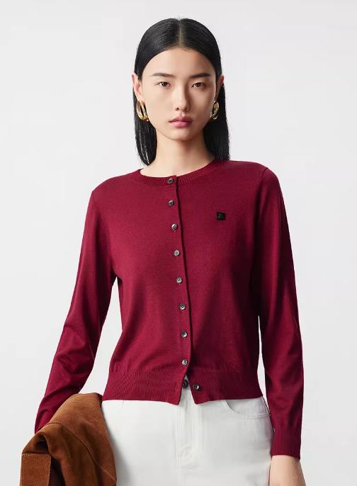 朗姿 丝毛针织开衫圆领修身红色针织衫LCJH01KCD458 商品图0