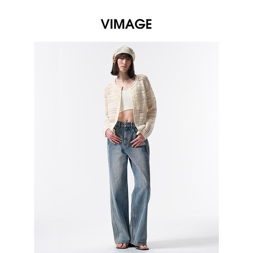 VIMAGE纬漫纪慵懒休闲风圆领镂空肌理绵羊毛针织开衫2026春季新款V2501108 商品图0
